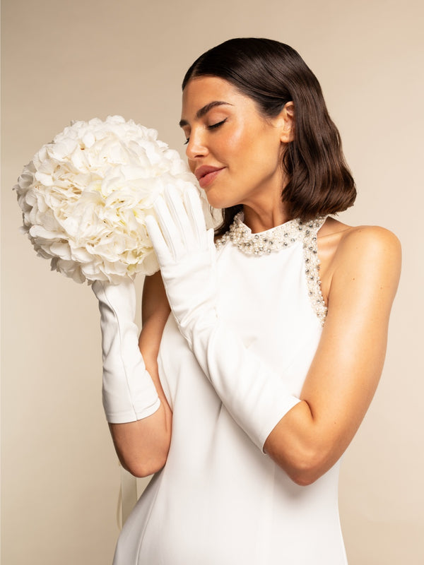 Angelina (white) - Italian silk lined 8-button length leather bridal / opera gloves