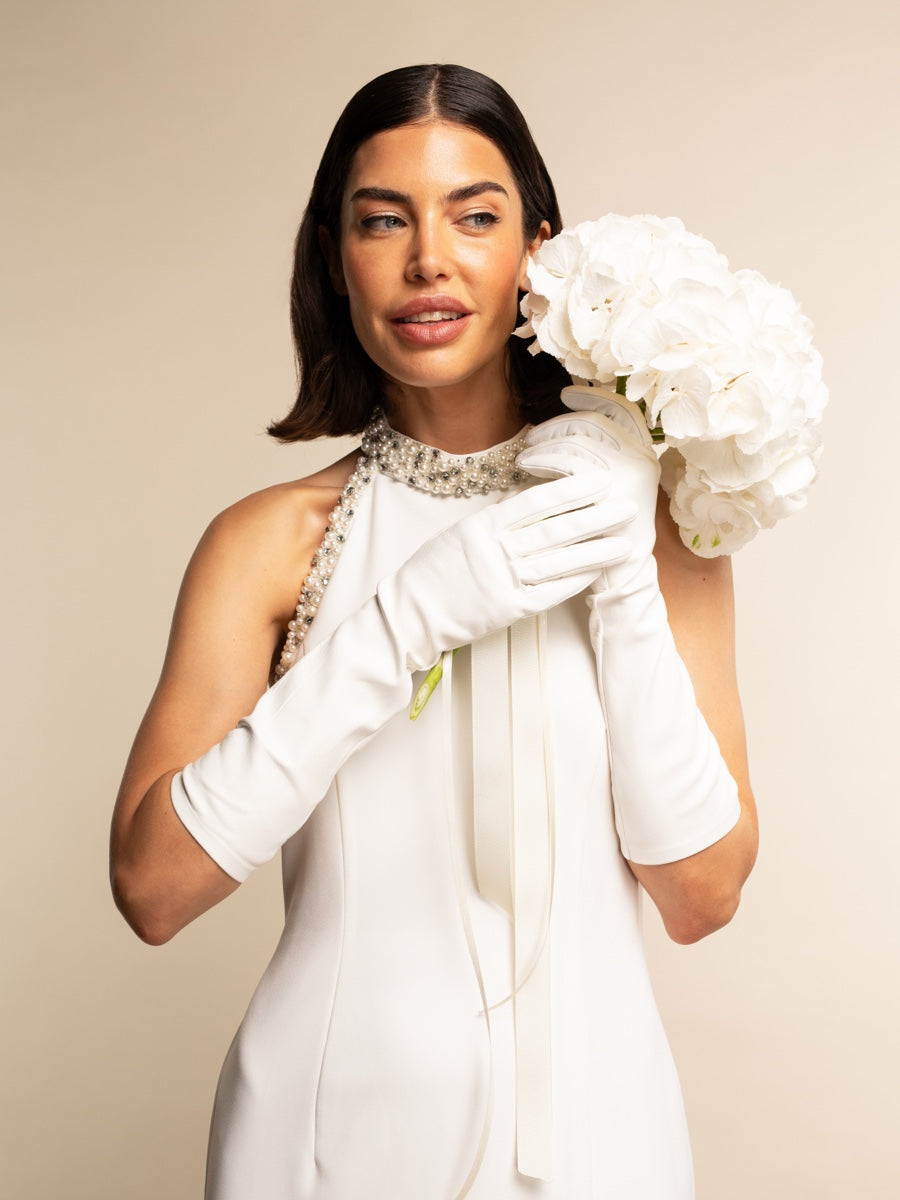 Angelina (white) - Italian silk lined 8-button length leather bridal / opera gloves - Fratelli Orsini - Luxury Leather Gloves - Handmade in Italy - 6