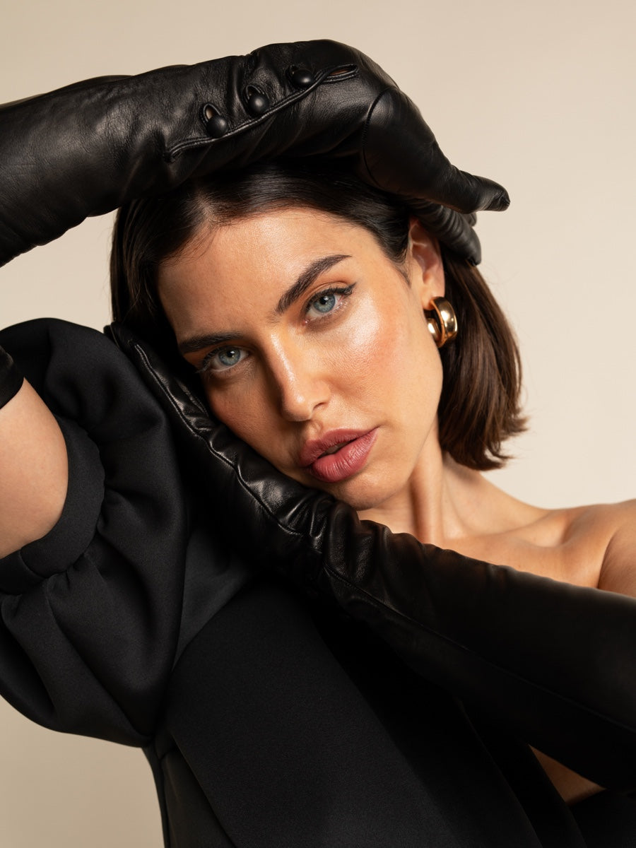 Elena (black) - Italian silk lined 12-button length leather opera gloves - Leather Gloves Online - Luxury Leather Gloves - 6