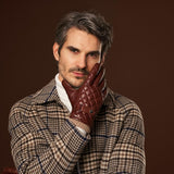 Luca (brown) - Italian lambskin leather gloves with cashmere lining and checkered pattern - Fratelli Orsini - Luxury Leather Gloves - Handmade in Italy - 9