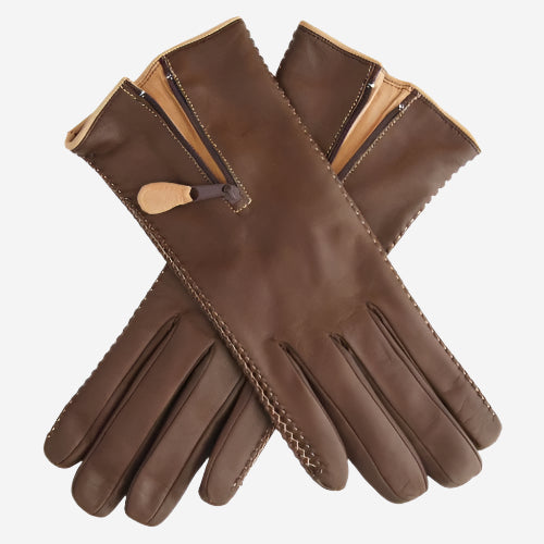 CA0547 (brown) - Women's Lambskin Cashmere Lined Leather Gloves with Zipper - Leather Gloves Online - Luxury Leather Gloves - 1