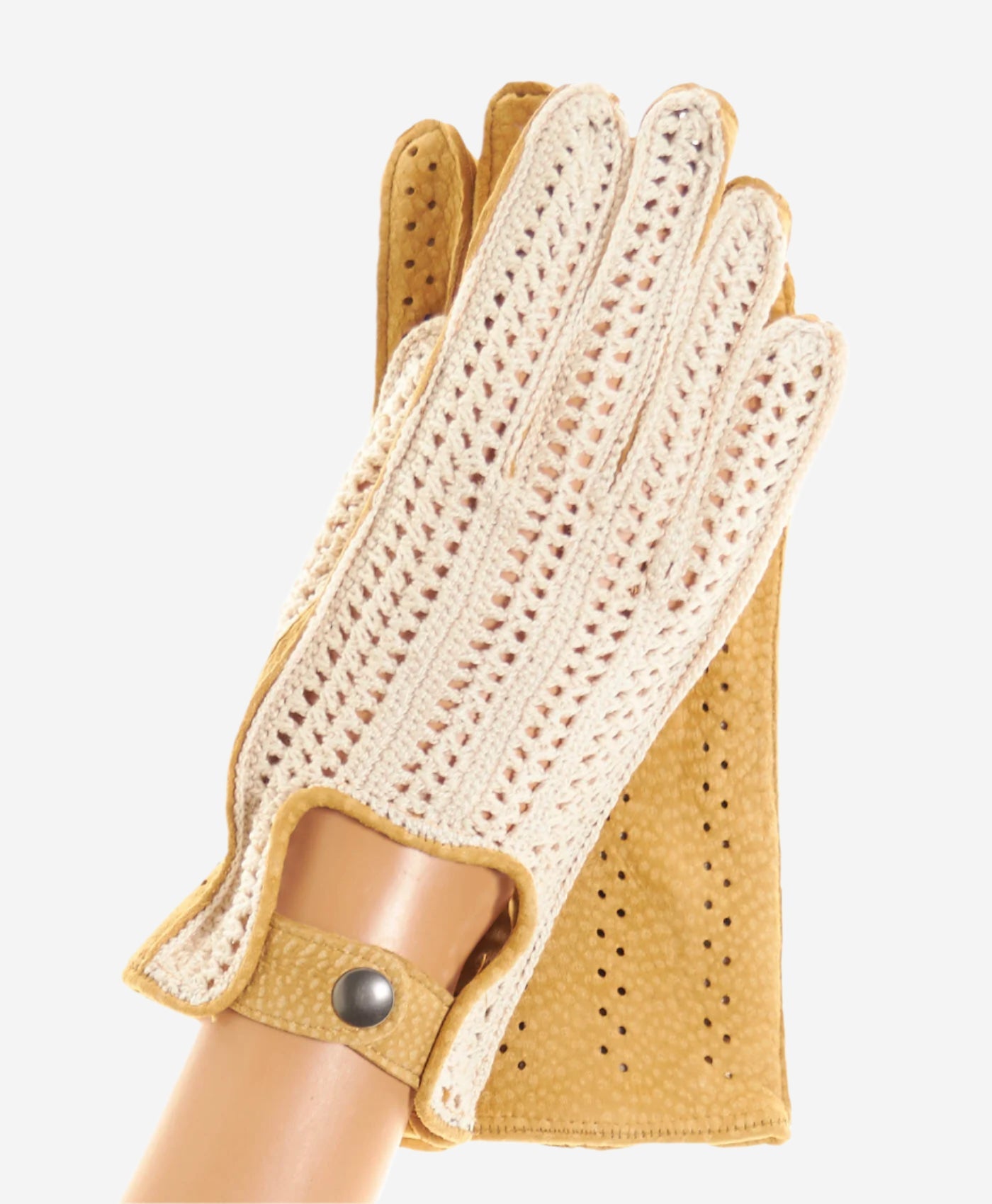 CA4620 (tan) - Women's Crochet and Carpincho Leather Driving Gloves - Leather Gloves Online - Luxury Leather Gloves - 1
