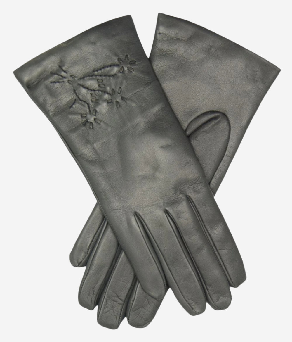 CC4101 (charcoal) - Women's Italian Cashmere Lined Leather Gloves with Floral Accents - Leather Gloves Online - Luxury Leather Gloves - 1