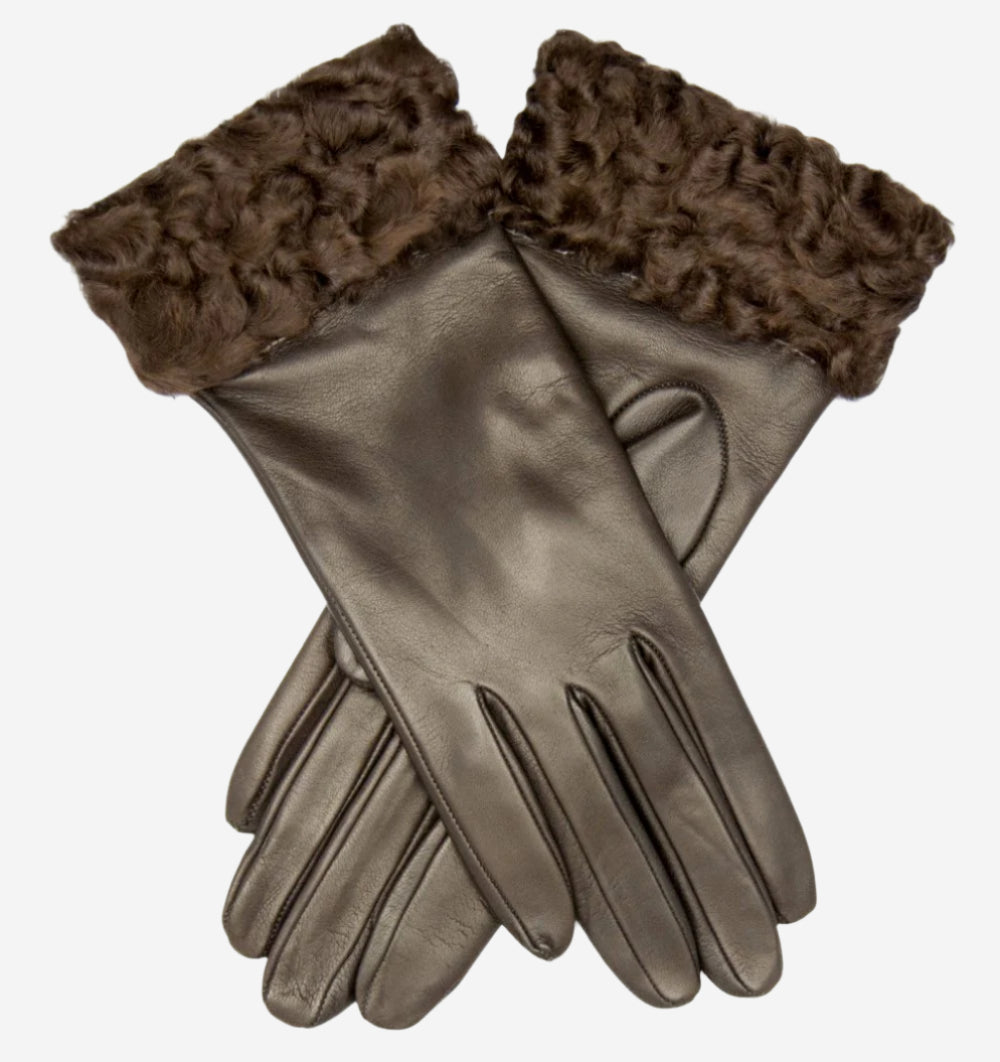CC4172 (brown) - Women's Cashmere Lined Leather Gloves with Persian Lamb Cuffs - Leather Gloves Online - Luxury Leather Gloves - 1