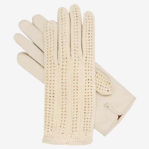 CD4020 (cream) - Women's Crochet and Leather Driving Gloves - Leather Gloves Online - Luxury Leather Gloves - 1