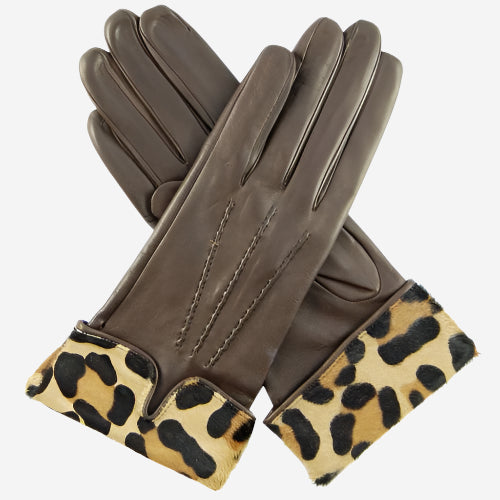 CS4837 (brown) - Women's Italian Silk Lined Lambskin Gloves with Leopard Print Pony Cuff- Leather Gloves Online - Luxury Leather Gloves - 2