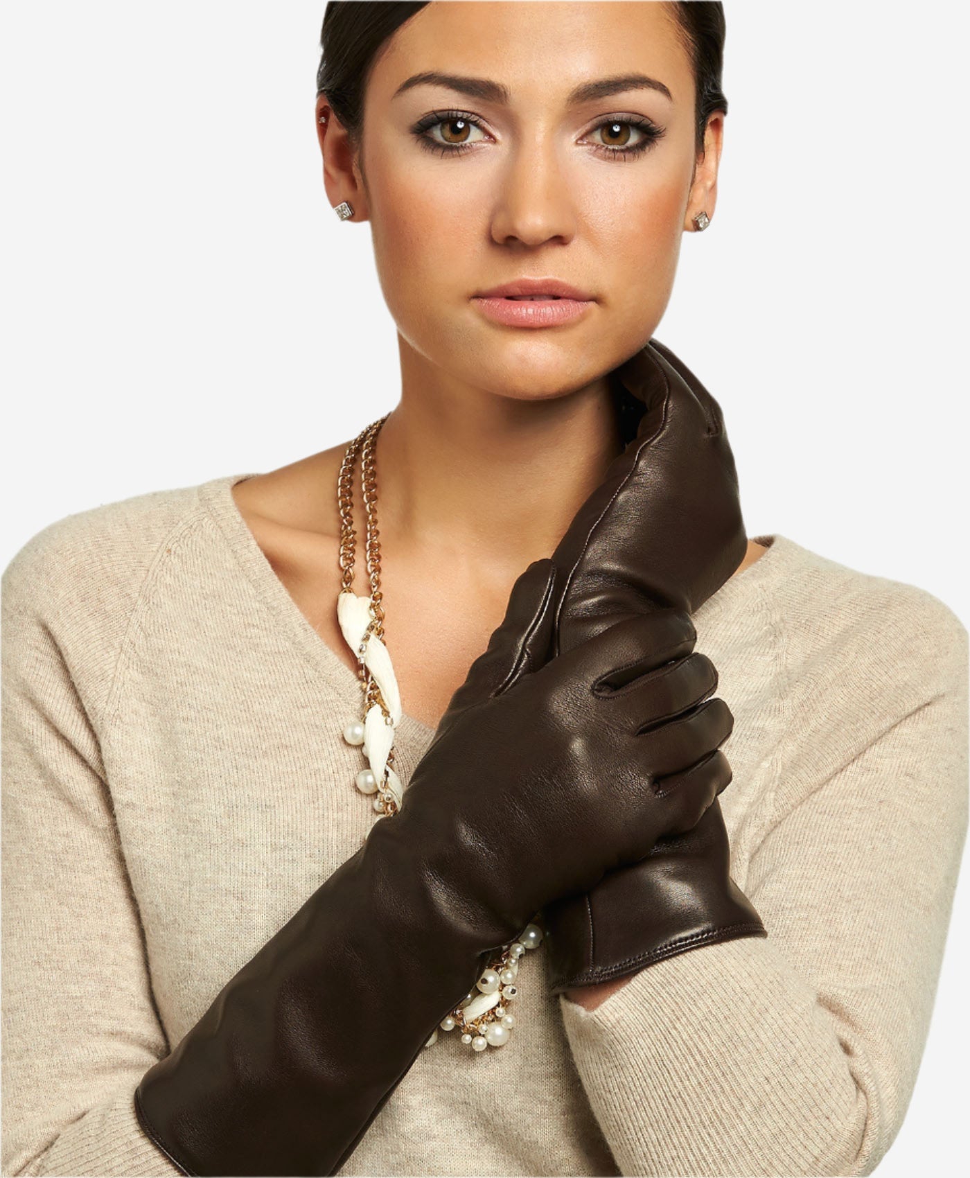 Leonora (brown) - Italian cashmere lined 6-button length leather gloves - Leather Gloves Online - Luxury Leather Gloves - 2