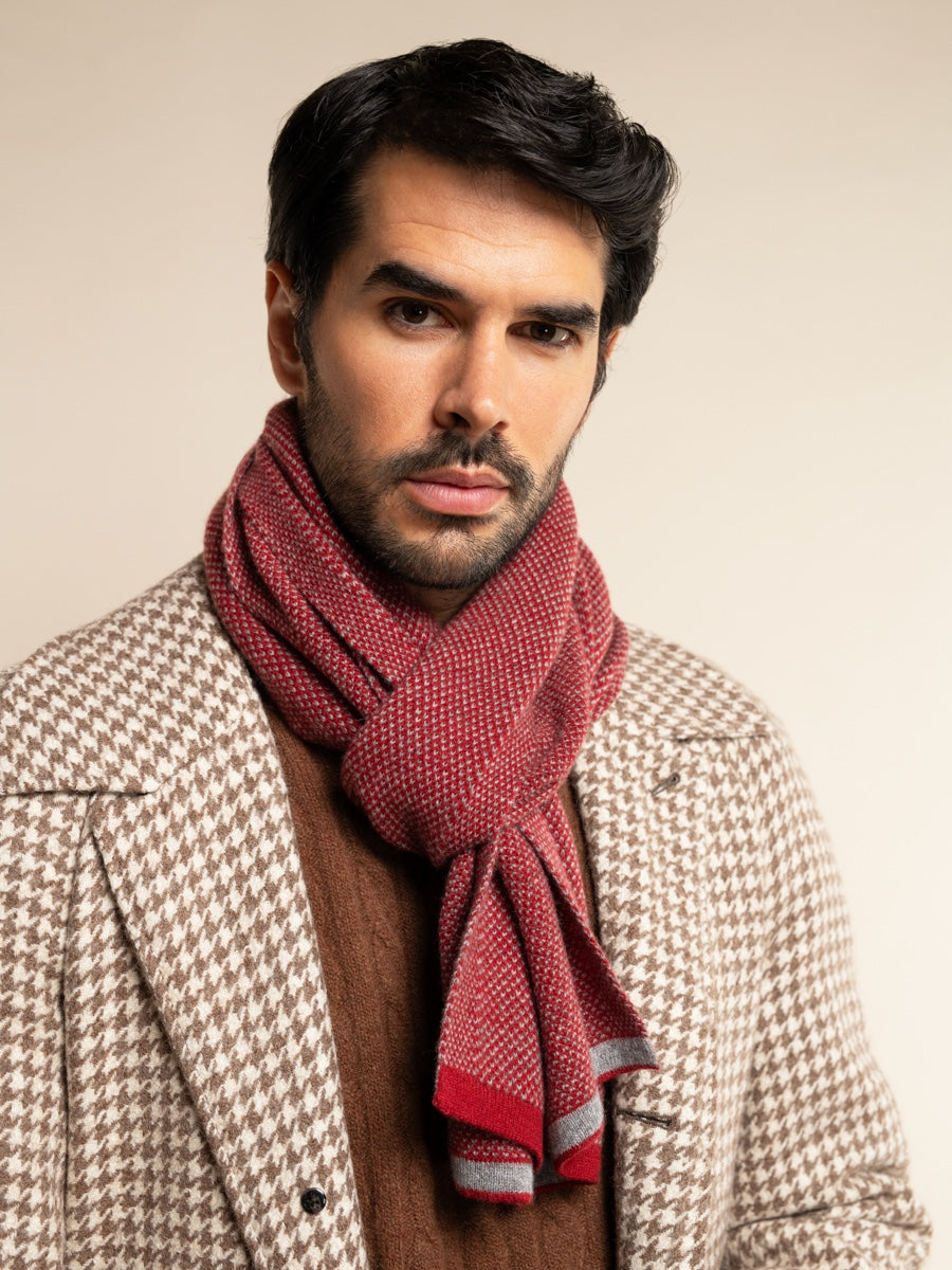 Riccardo (red & grey) - 100% cashmere scarf with pattern - Fratelli Orsini - Luxury Cashmere Scarf - Handmade in Italy - 2