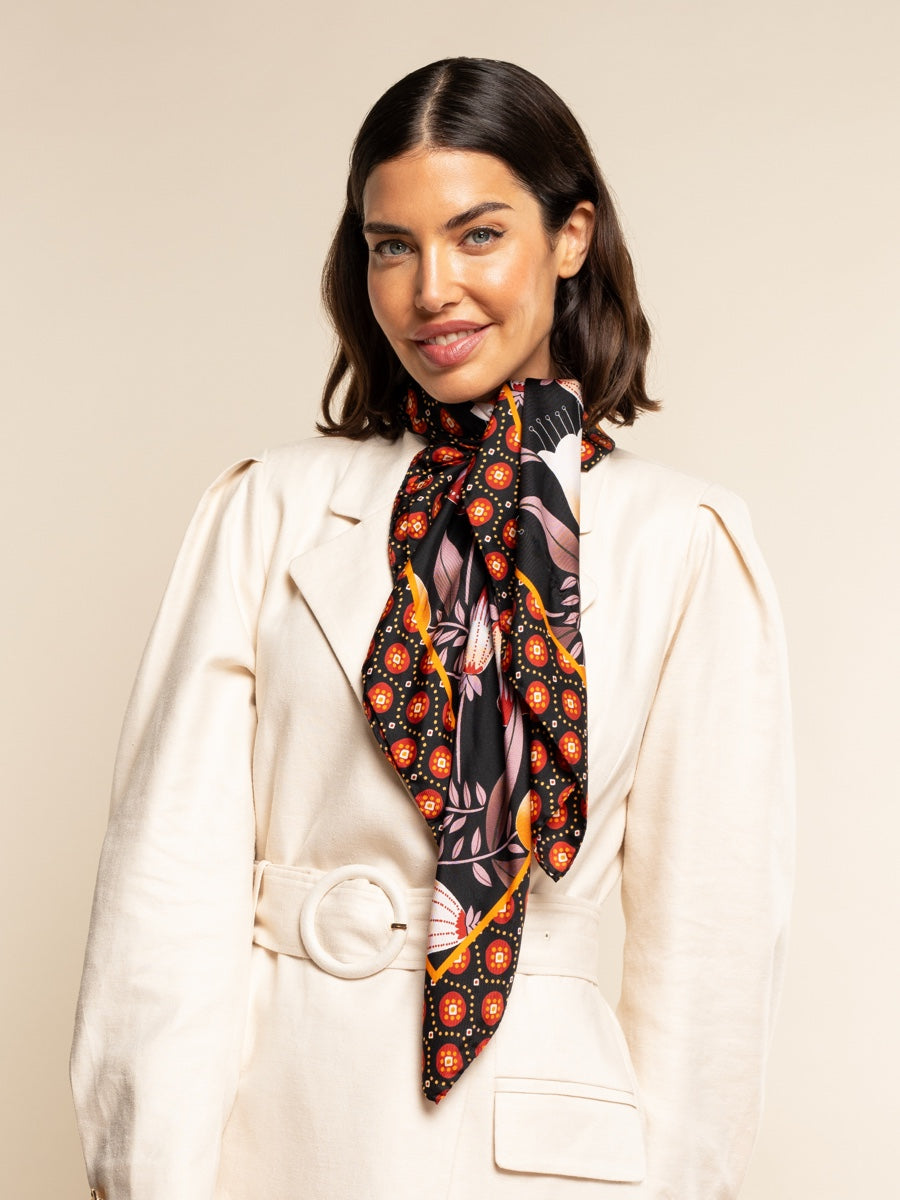 Bruna (black/orange)- soft and lightweight Italian foulard from pure silk - Fratelli Orsini - Luxury Italian Scarf - Handmade in Italy - 1