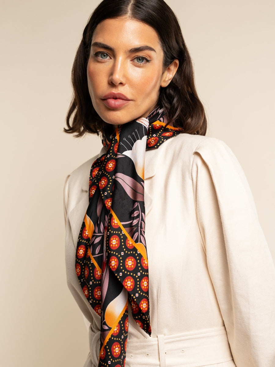 Bruna (black/orange)- soft and lightweight Italian foulard from pure silk - Fratelli Orsini - Luxury Italian Scarf - Handmade in Italy - 5