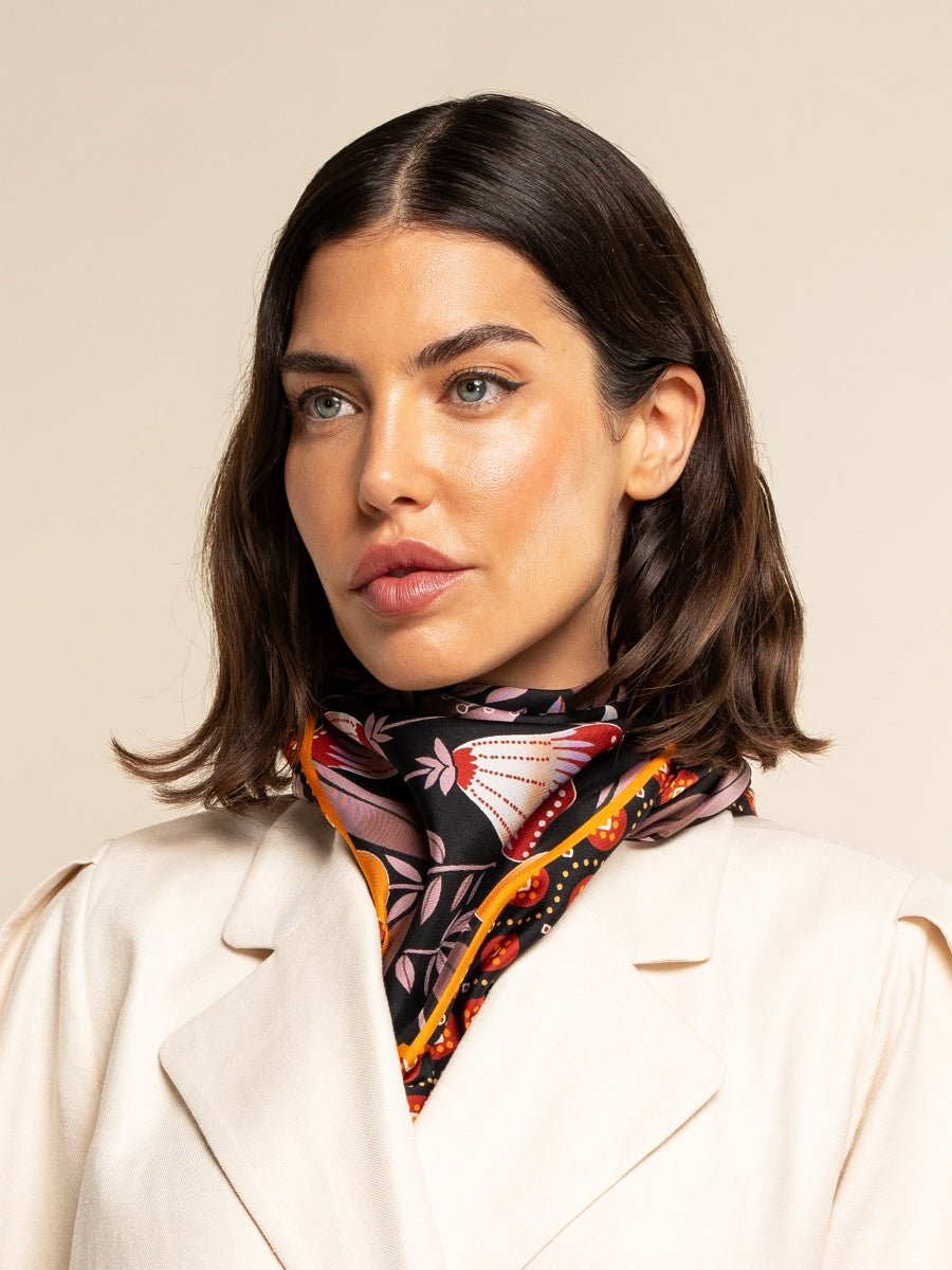 Bruna (black/orange)- soft and lightweight Italian foulard from pure silk - Fratelli Orsini - Luxury Italian Scarf - Handmade in Italy - 8