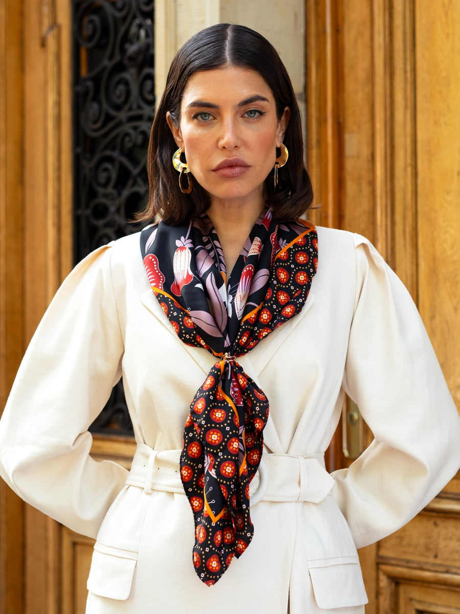 Bruna (black/orange)- soft and lightweight Italian foulard from pure silk - Fratelli Orsini - Luxury Italian Scarf - Handmade in Italy - 9