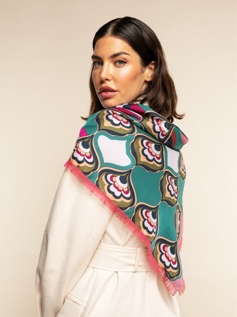 Giorgia (green/pink) - soft and lightweight Italian foulard from pure silk - Fratelli Orsini - Luxury Italian Scarf - Handmade in Italy - 7