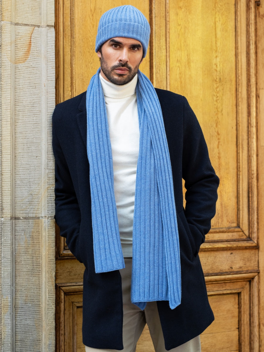 Napoli (light blue) - 100% cashmere ribbed scarf (unisex) - Fratelli Orsini - Luxury Cashmere Scarf - Handmade in Italy - 14