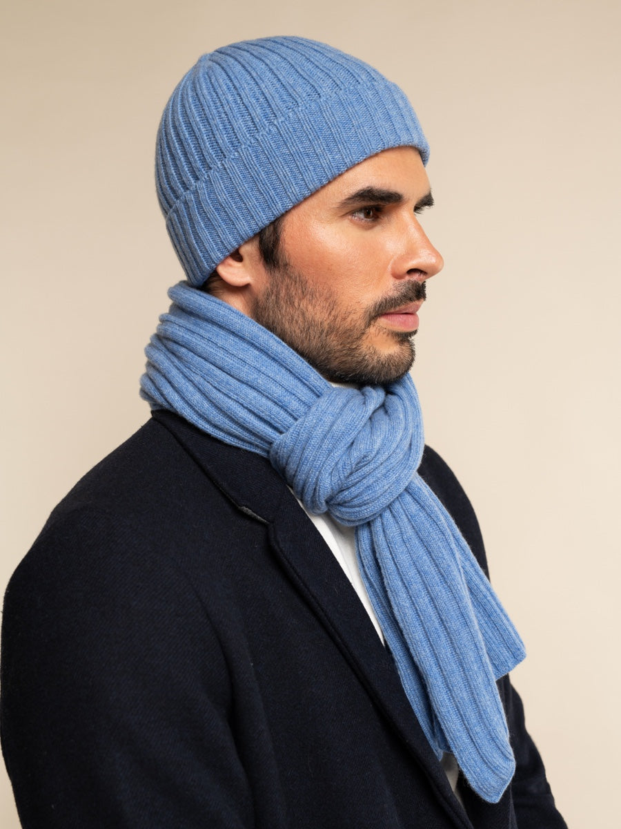 Napoli (light blue) - 100% cashmere ribbed scarf (unisex) - Fratelli Orsini - Luxury Cashmere Scarf - Handmade in Italy - 7