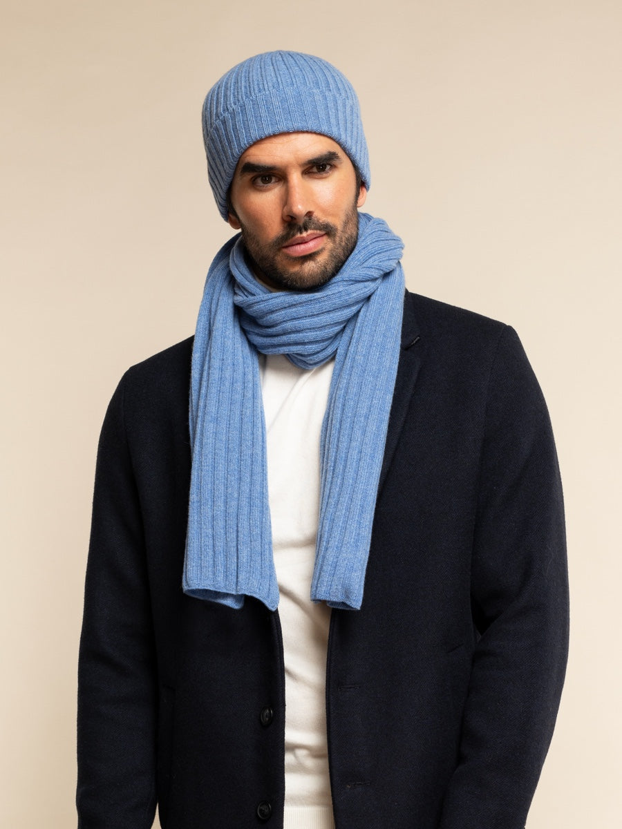 Napoli (light blue) - 100% cashmere ribbed scarf (unisex) - Fratelli Orsini - Luxury Cashmere Scarf - Handmade in Italy - 9