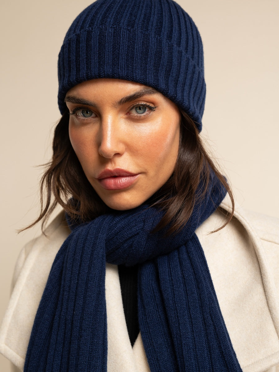 Napoli (navy blue) - 100% cashmere ribbed scarf (unisex) - Fratelli Orsini - Luxury Cashmere Scarf - Handmade in Italy - 12
