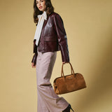 Chiara (cognac) - Italian calf suede women's handbag (with shoulder strap)