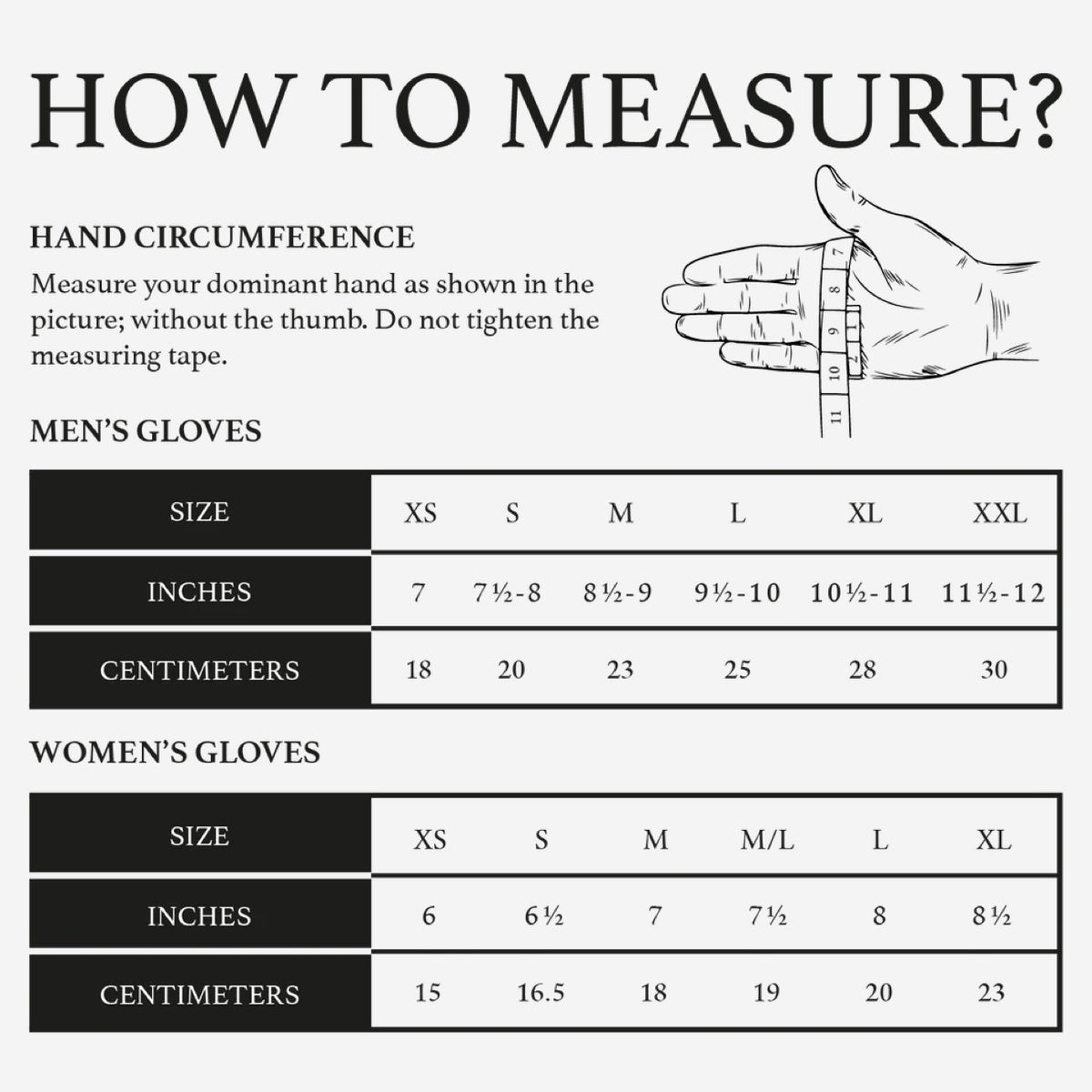 Size Chart Leather Gloves