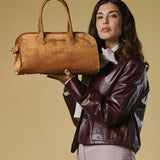 Chiara (cognac) - Italian calf suede women's handbag (with shoulder strap)