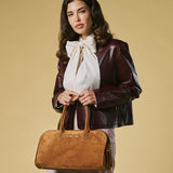 Chiara (cognac) - Italian calf suede women's handbag (with shoulder strap)