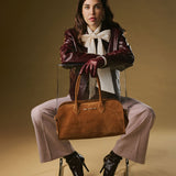 Chiara (cognac) - Italian calf suede women's handbag (with shoulder strap)