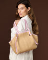 Adelina (baby pink) - Women's Italian raffia tote bag with leather trim