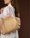 Adelina (baby pink) - Women's Italian raffia tote bag with leather trim