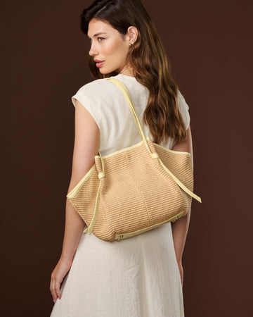 Adelina (light yellow) - Women's Italian raffia tote bag with leather trim