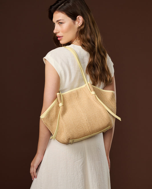 Adelina (light yellow) - Women's Italian raffia tote bag with leather trim