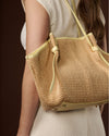 Adelina (light yellow) - Women's Italian raffia tote bag with leather trim