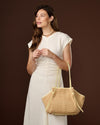 Adelina (light yellow) - Women's Italian raffia tote bag with leather trim