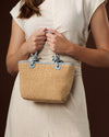 Allegra (sky blue) - Women's Italian raffia shoulder bag with leather handles