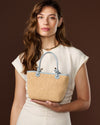 Allegra (sky blue) - Women's Italian raffia shoulder bag with leather handles
