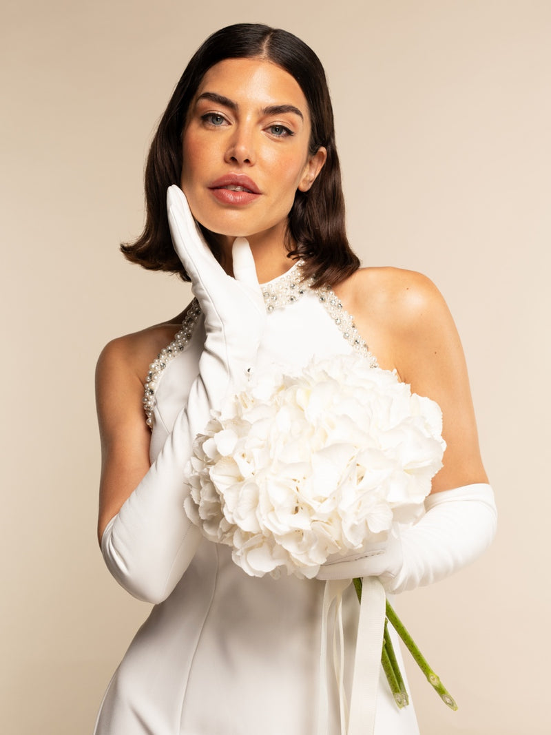 Angelina (white) - Italian silk lined 12-button length leather bridal / opera gloves