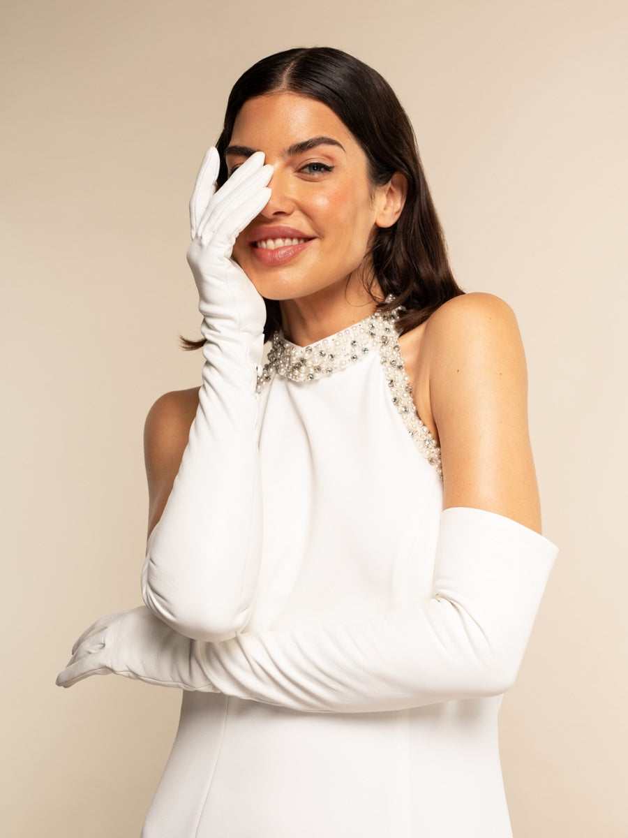 Angelina (white) - Italian silk lined 16-button length leather bridal / opera gloves - Fratelli Orsini - Luxury Leather Gloves - Handmade in Italy - 2