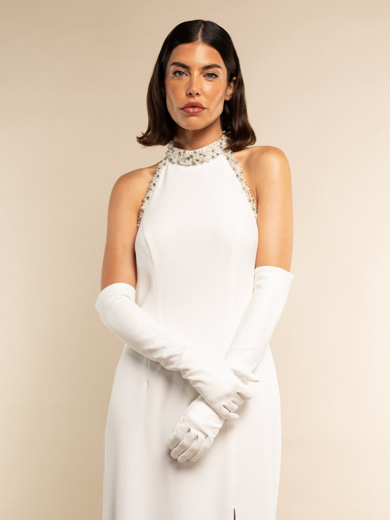 Angelina (white) - Italian silk lined 12-button length leather bridal / opera gloves