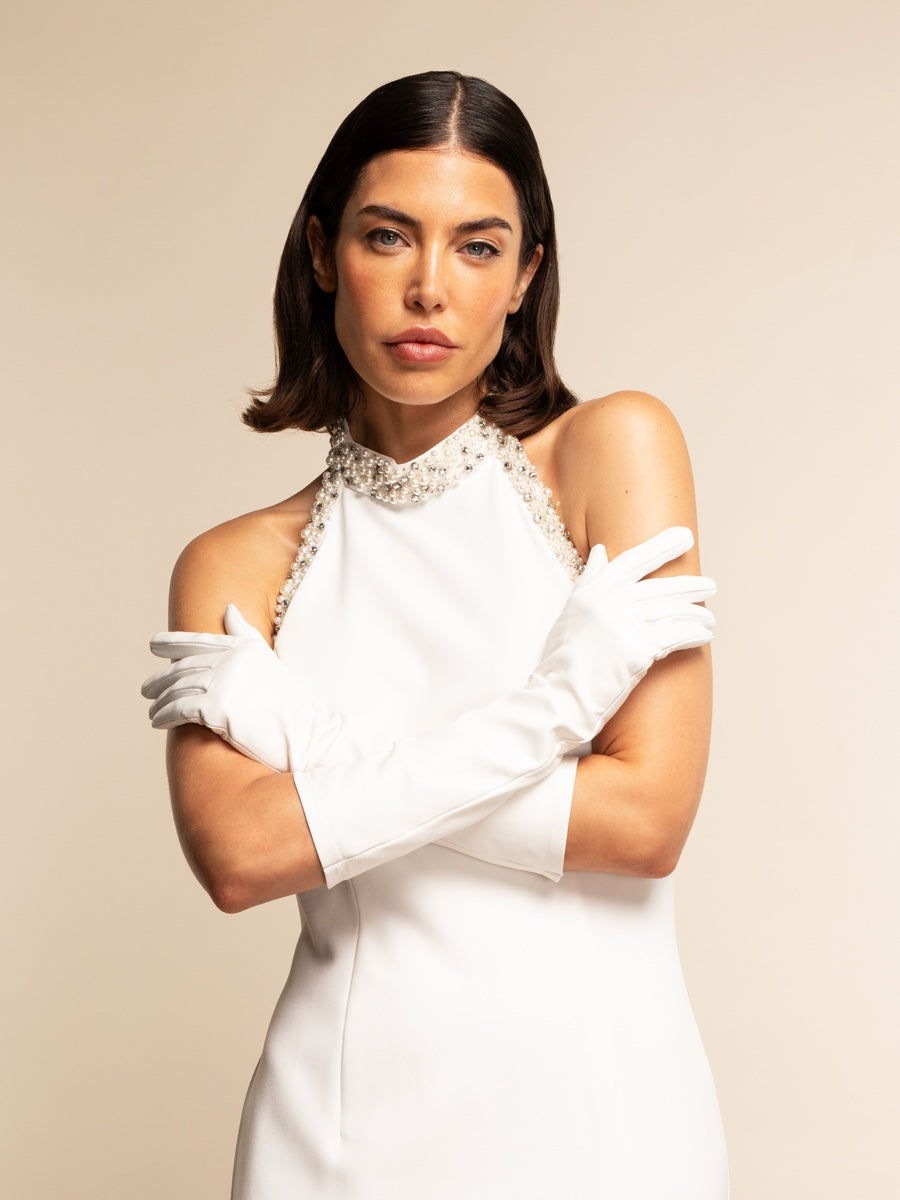Angelina (white) - Italian silk lined 8-button length leather bridal / opera gloves - Fratelli Orsini - Luxury Leather Gloves - Handmade in Italy - 3