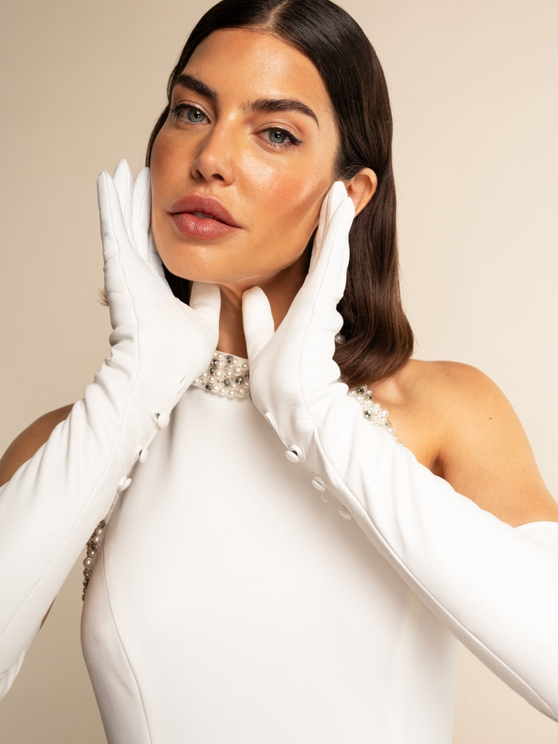 Angelina (white) - Italian silk lined 16-button length leather bridal / opera gloves