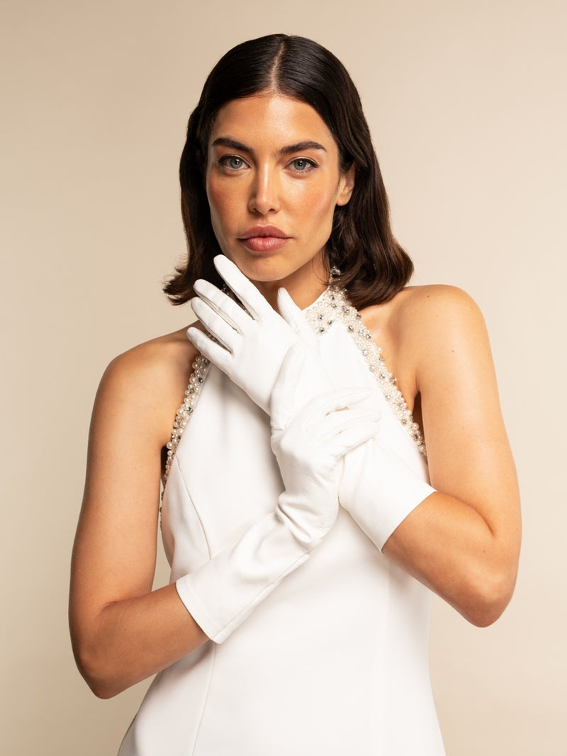 Angelina (white) - silk lined 6-button length leather bridal / opera gloves