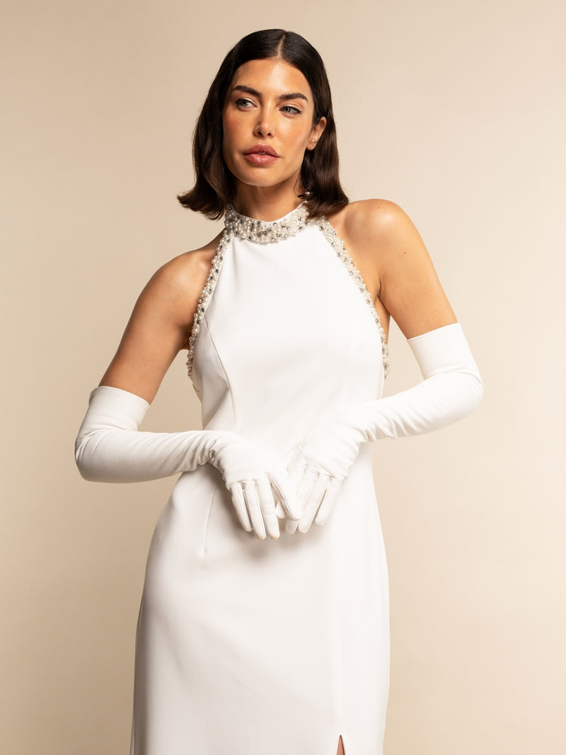 Angelina (white) - silk lined 16-button length leather bridal / opera gloves
