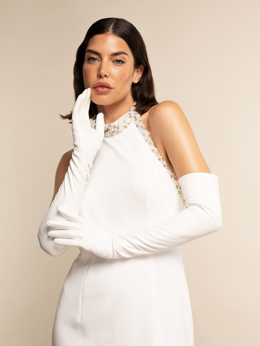 Long Leather Opera Gloves - White - Bridal