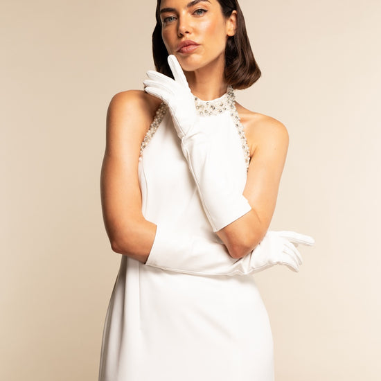 Angelina (white) - Italian silk lined 8-button length leather bridal / opera gloves - Fratelli Orsini - Luxury Leather Gloves - Handmade in Italy - 5