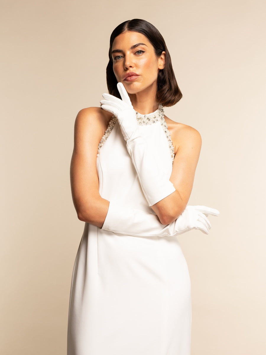 Angelina (white) - Italian silk lined 8-button length leather bridal / opera gloves - Fratelli Orsini - Luxury Leather Gloves - Handmade in Italy - 5