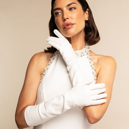 Angelina (white) - Italian silk lined 8-button length leather bridal / opera gloves - Fratelli Orsini - Luxury Leather Gloves - Handmade in Italy - 7