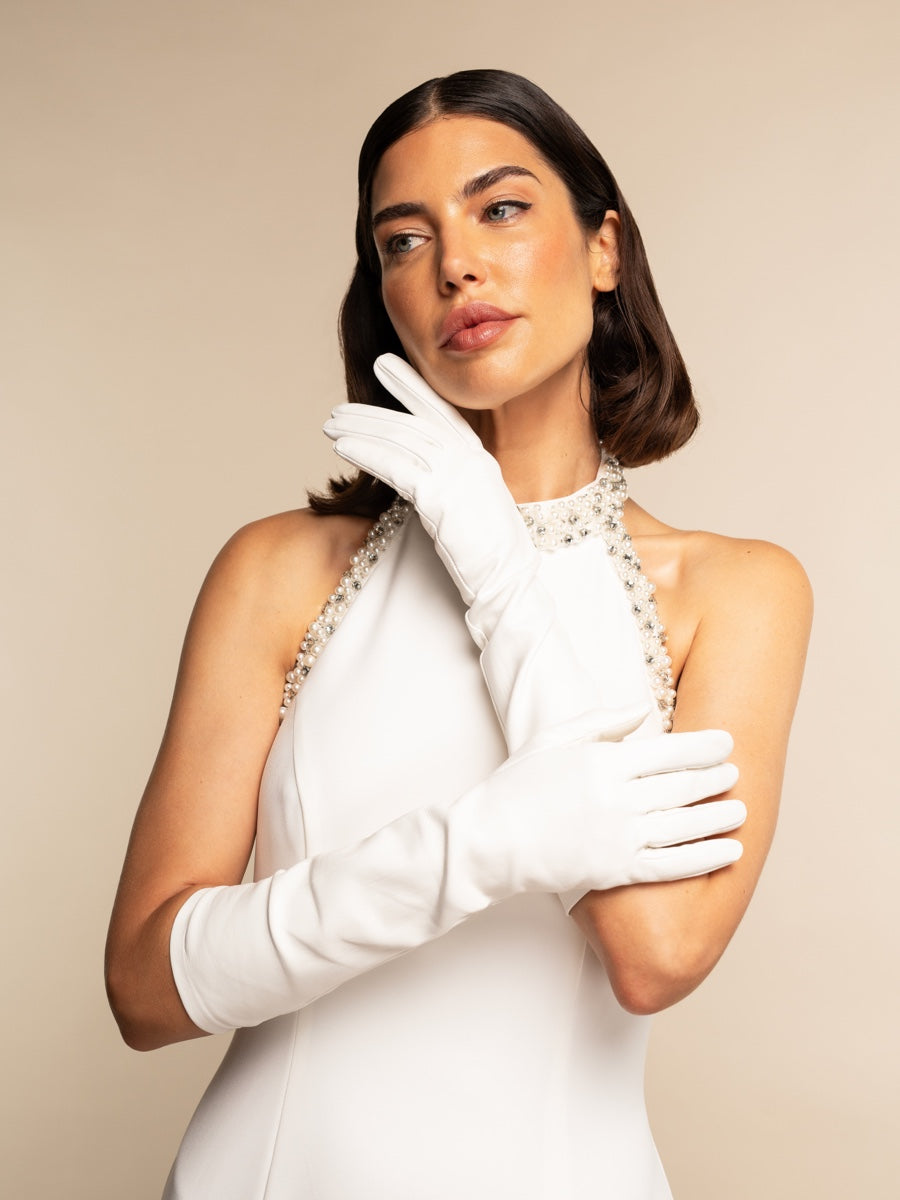 Angelina (white) - Italian silk lined 8-button length leather bridal / opera gloves - Fratelli Orsini - Luxury Leather Gloves - Handmade in Italy - 7
