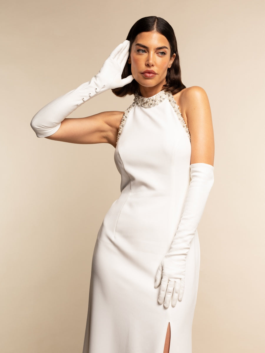 Angelina (white) - Italian silk lined 12-button length leather bridal / opera gloves  - Fratelli Orsini - Luxury Leather Gloves - Handmade in Italy - 7