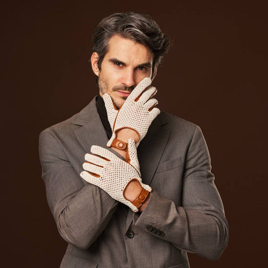 Arturo (cognac) - Hand-sewn Italian crochet driving gloves from lambskin leather - Fratelli Orsini - Luxury Leather Gloves - Handmade in Italy - 4