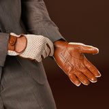 Arturo (cognac) - Hand-sewn Italian crochet driving gloves from lambskin leather - Fratelli Orsini - Luxury Leather Gloves - Handmade in Italy - 5