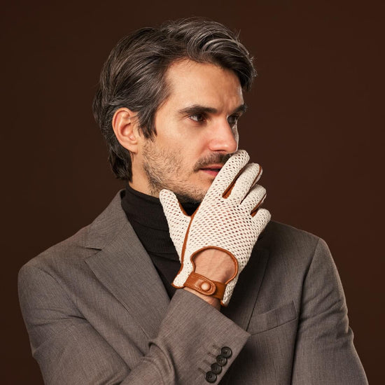Arturo (cognac) - Hand-sewn Italian crochet driving gloves from lambskin leather - Fratelli Orsini - Luxury Leather Gloves - Handmade in Italy - 7